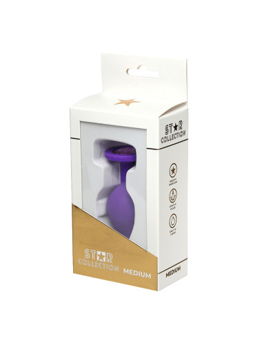 Star Collection Purple Silicone Anal Plug M - Biżuteria Analna, Zabawki Analne, Fioletowy Korek z Jasnoróżowym Kamieniem