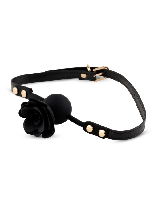 Black Rose Ball Gag – Zabawki BDSM knebel z różą, silikon 4,2 cm, pasek 65 cm