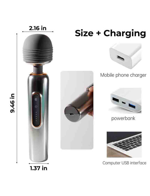 Masażer Wand WAND MASSAGERS SHINING METALLIC LUSTER - 5 poziomów, wibrator, cichy, USB