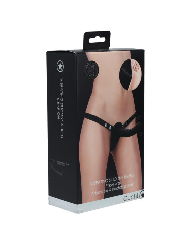 Ouch! - Vibrating - Rechrgeable - 10 Speed Silicone Ribbed Strap-On - Adjustable - Black