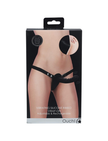 Ouch! - Vibrating - Rechrgeable - 10 Speed Silicone Ribbed Strap-On - Adjustable - Black