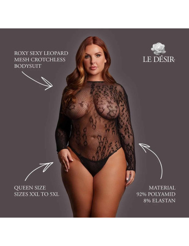 Roxy - Sexy Leopard Mesh Crotchless Bodysuit - Queen Size - Black