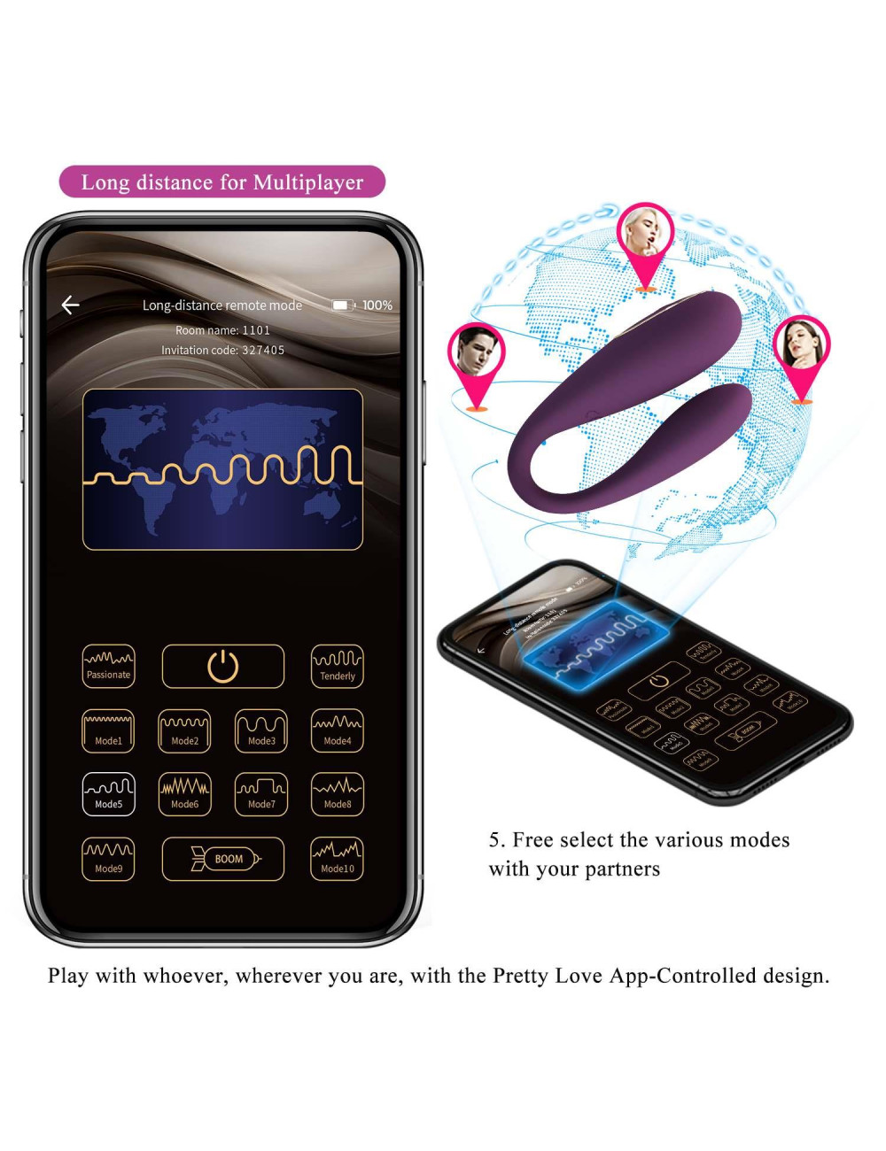 PRETTY LOVE - August, Mobile APP Long-distance Control 12 vibration functions, ABS Silicone, USB rechargeable